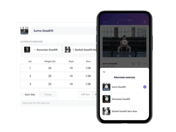 Everfit app showing exercise programming with sets, reps, tempo and video demos